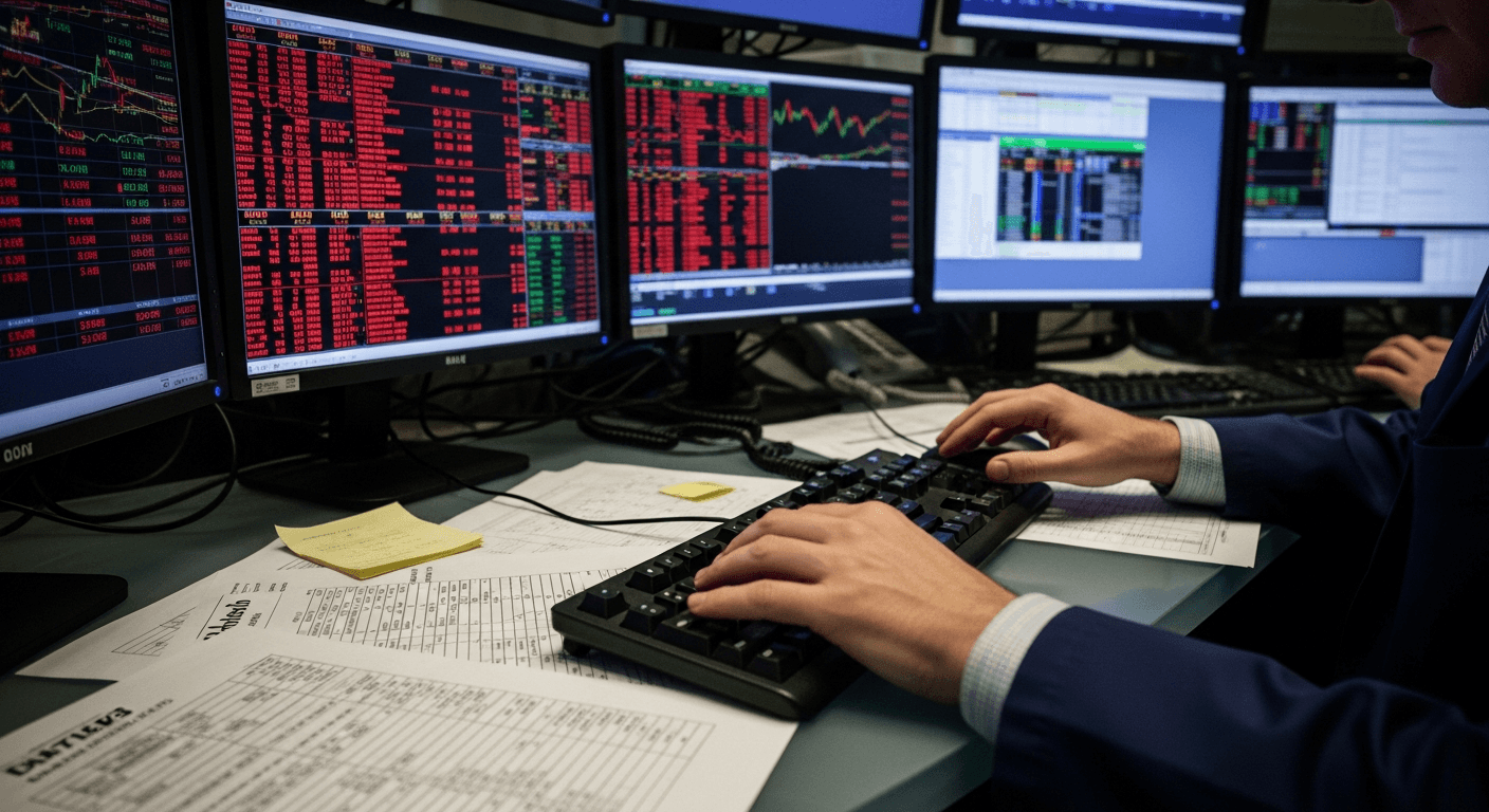 A trader's hands hover over a keyboard on a cluttered desk scattered with printed spreadsheets, while multiple monitors glow with cascading red index figures reflected in his glasses, the