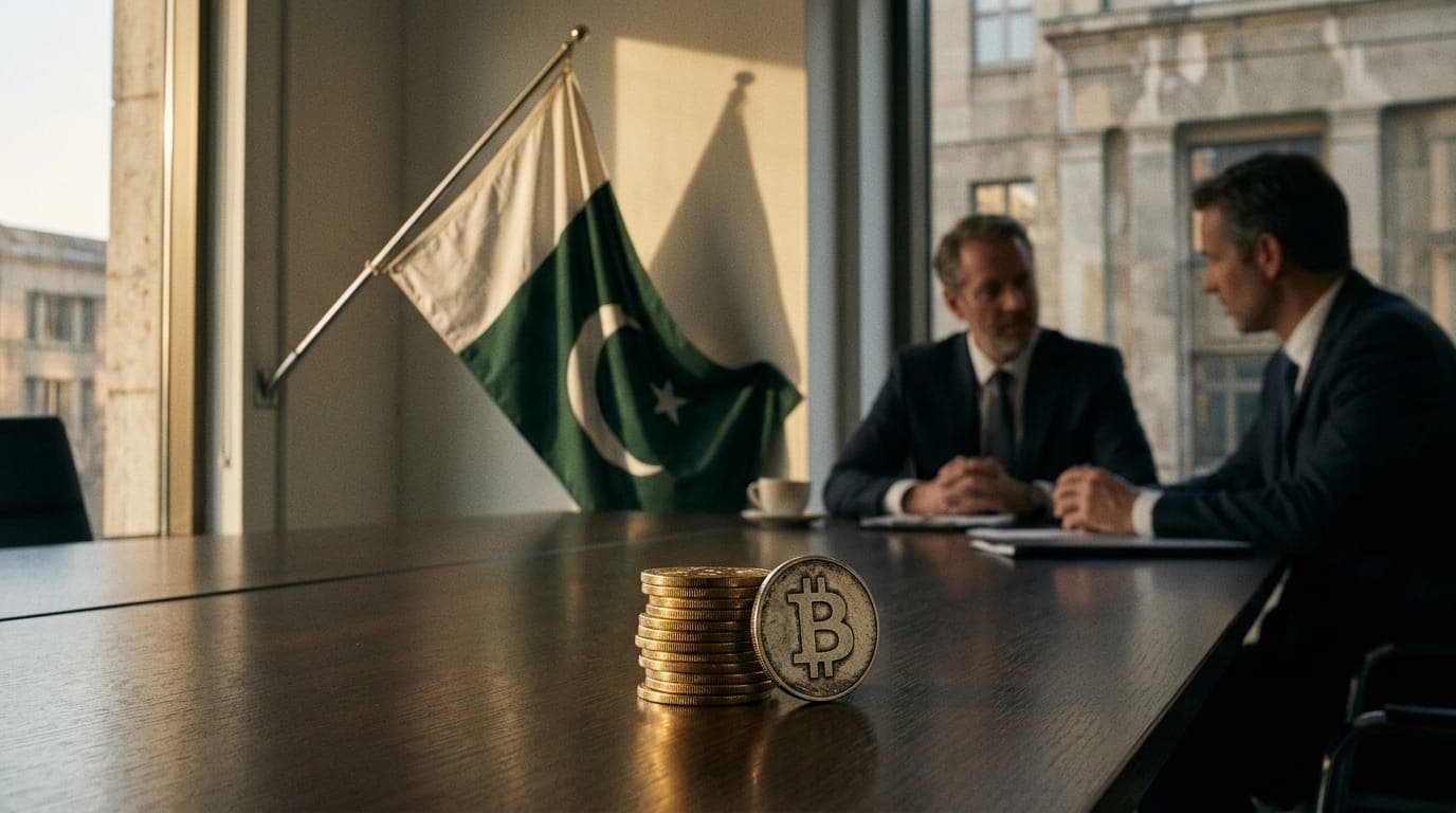 A weathered Pakistani flag mounted on a government ministry exterior catches golden afternoon light, while stacks of physical gold coins and a single gleaming bitcoin-emblazoned medallion