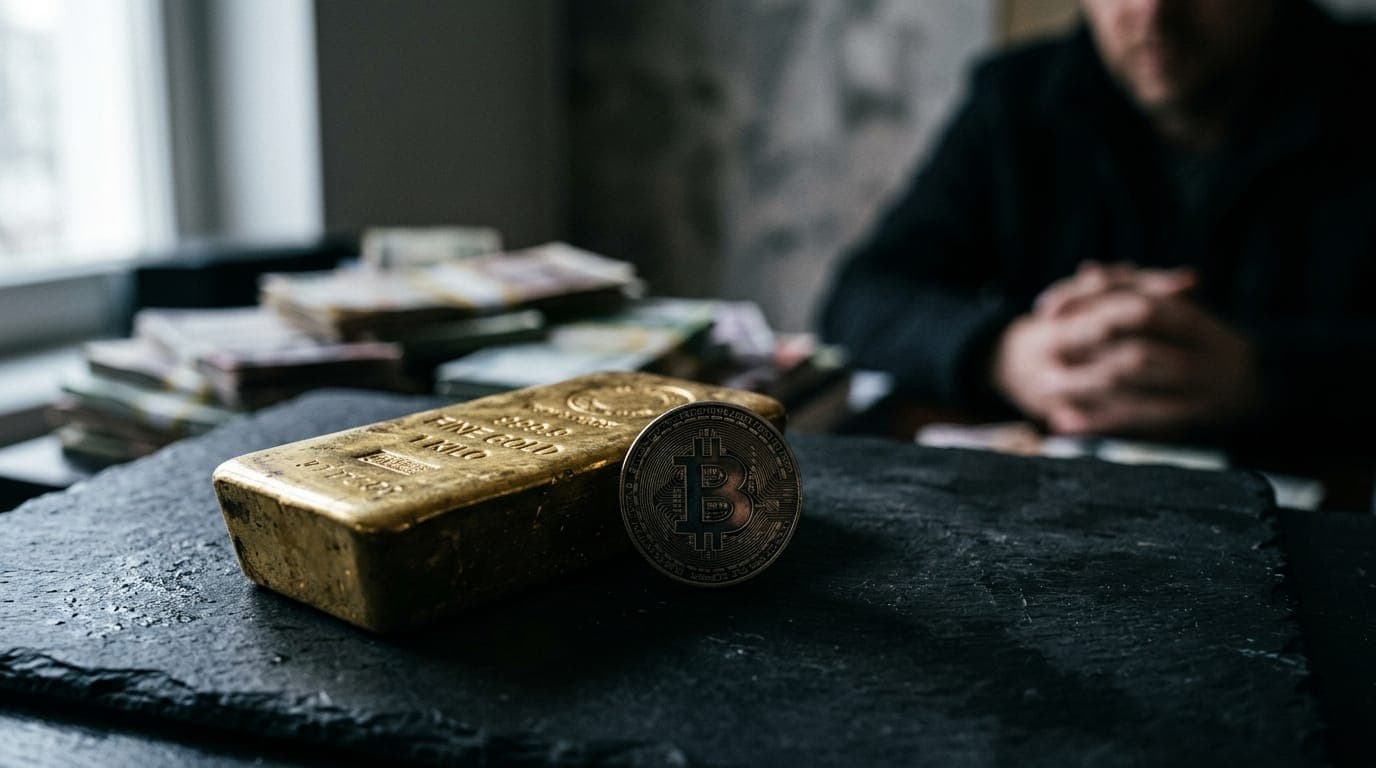 A weathered gold bar and a single physical bitcoin token rest side by side on a dark slate surface, illuminated by a narrow shaft of cool morning light that casts long shadows across their