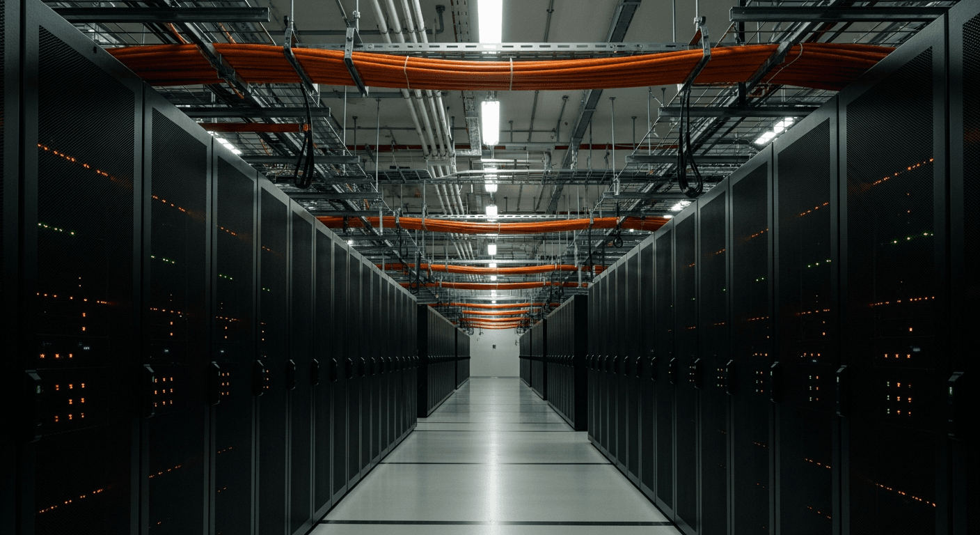 Rows of black server racks stretch into a vast, dimly lit data center hall, their blinking amber and green indicator lights casting a faint glow across polished concrete floors, while thick