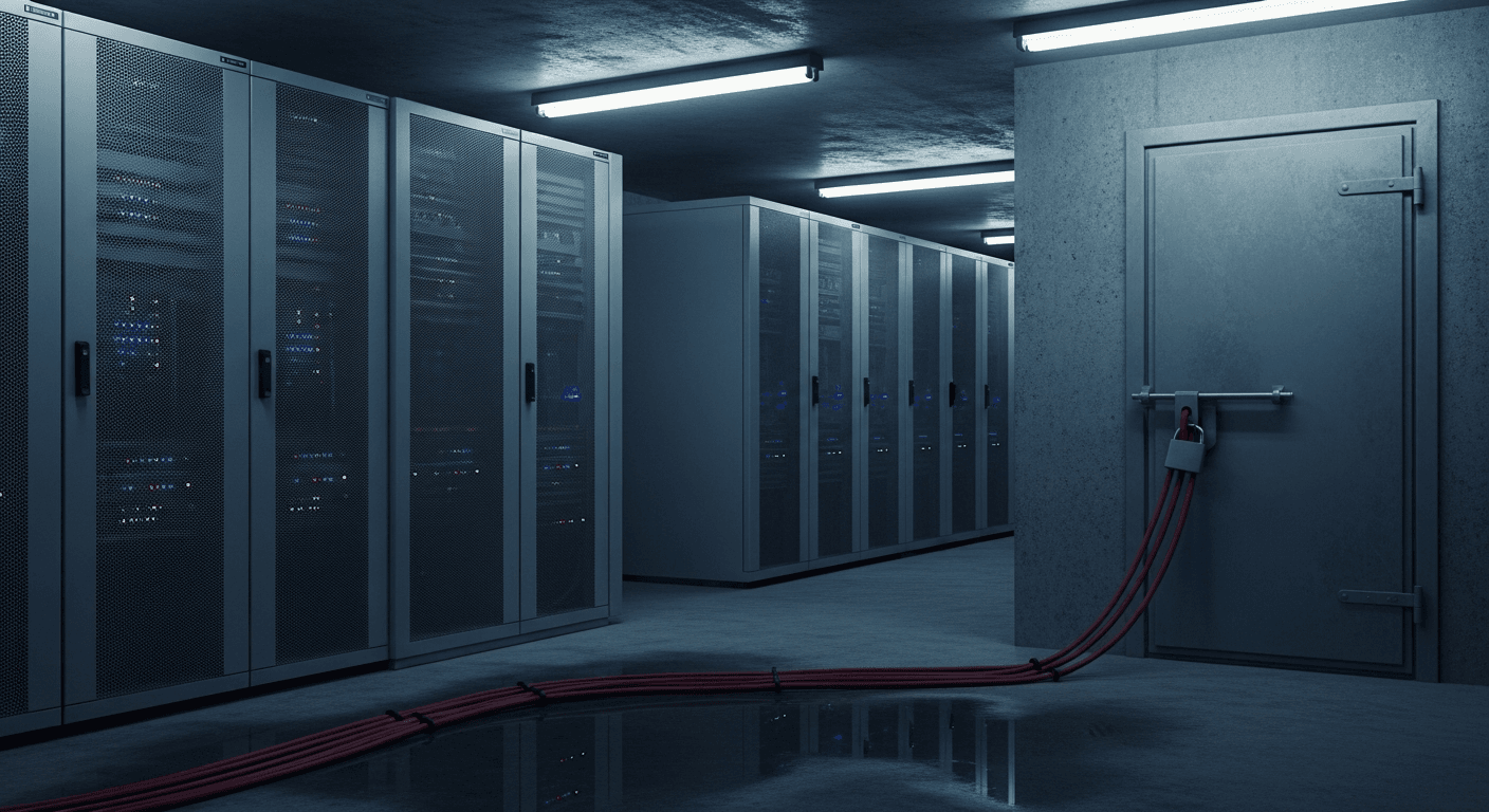 A rows of cold metal server racks bathed in harsh blue fluorescent light inside a sparse concrete bunker, their blinking indicator lights reflected in a puddle on the bare floor, while thick