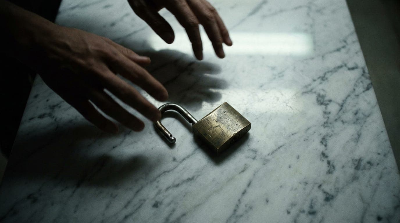 A weathered steel padlock lying open on a polished marble surface, its shackle unlatched, photographed from above in cold fluorescent office light with the shadow of unseen hands hovering