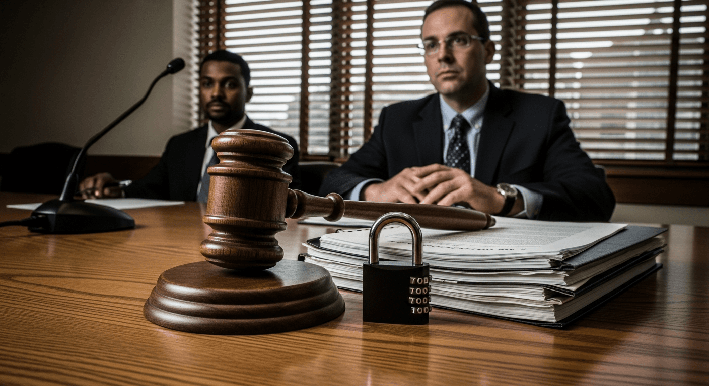 A weathered wooden gavel rests on a stack of thick regulatory documents beside an open combination-padlock on a polished oak conference table, lit by cool fluorescent overhead light