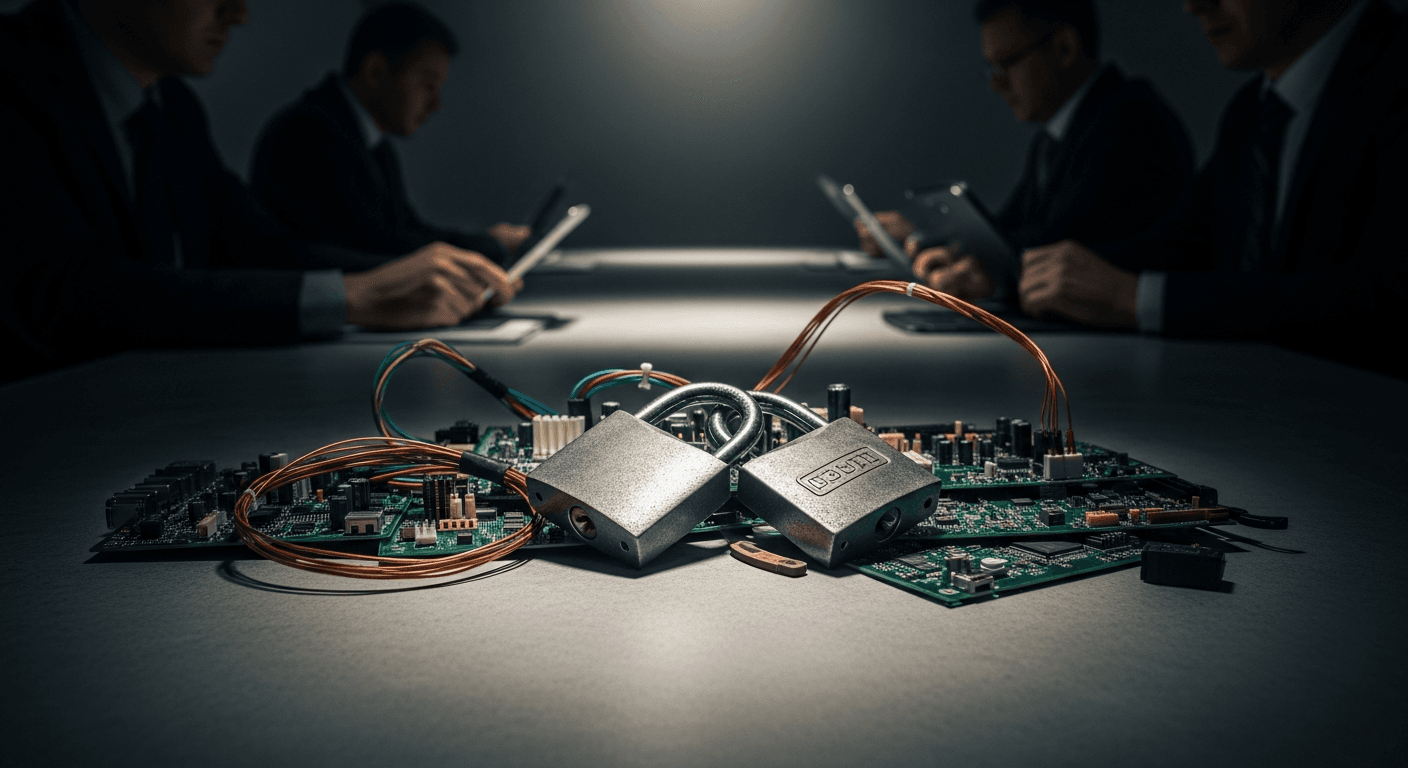 A pair of heavy steel padlocks resting on a scattered pile of printed circuit boards and copper wiring under harsh overhead fluorescent light, casting sharp shadows across a concrete