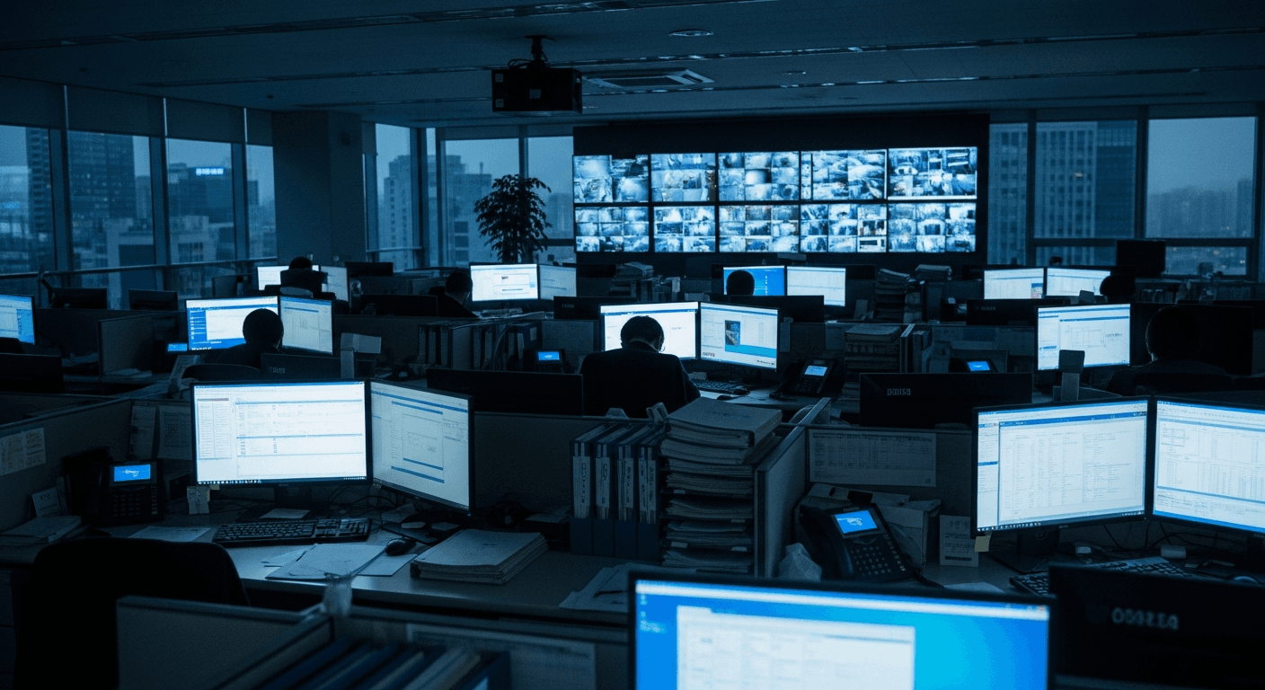 A South Korean financial regulator's open-plan office at dusk, rows of glowing monitors casting cool blue light across empty desks cluttered with printed ledger sheets and stacked manila