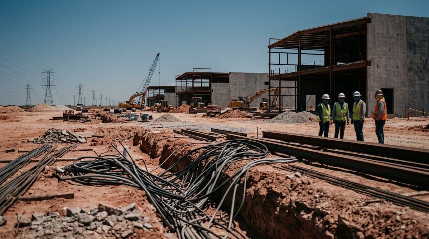 A sprawling Texas data center construction site sits half-finished under a harsh midday sun, with rusting steel rebar jutting from unfinished concrete foundations, yellow excavators idle in