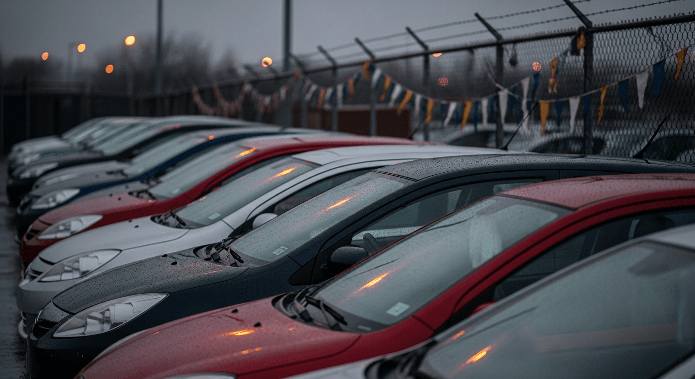 A row of unsold compact cars sits in a rain-slicked dealer lot at dusk, their windshields reflecting pale orange security lights, while a chain-link fence draped with tattered plastic