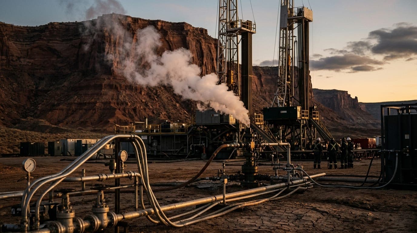 A cluster of industrial drill rigs rise against a rust-red Utah desert mesa at golden hour, their steel derricks casting long shadows across cracked earth while thick white steam vents curl