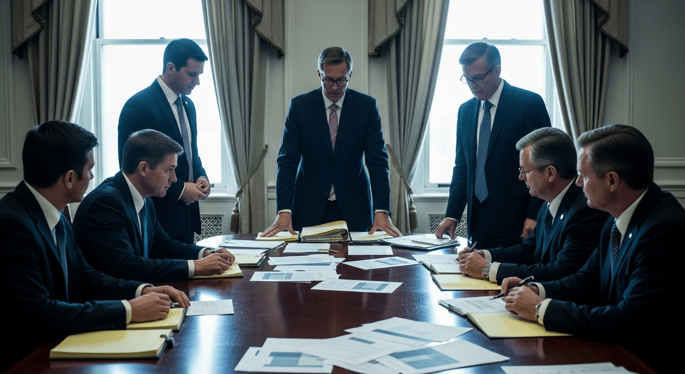 A cluster of suited figures seen from behind gather around a polished mahogany conference table strewn with printed documents and yellow legal pads, bathed in the cool blue-white light