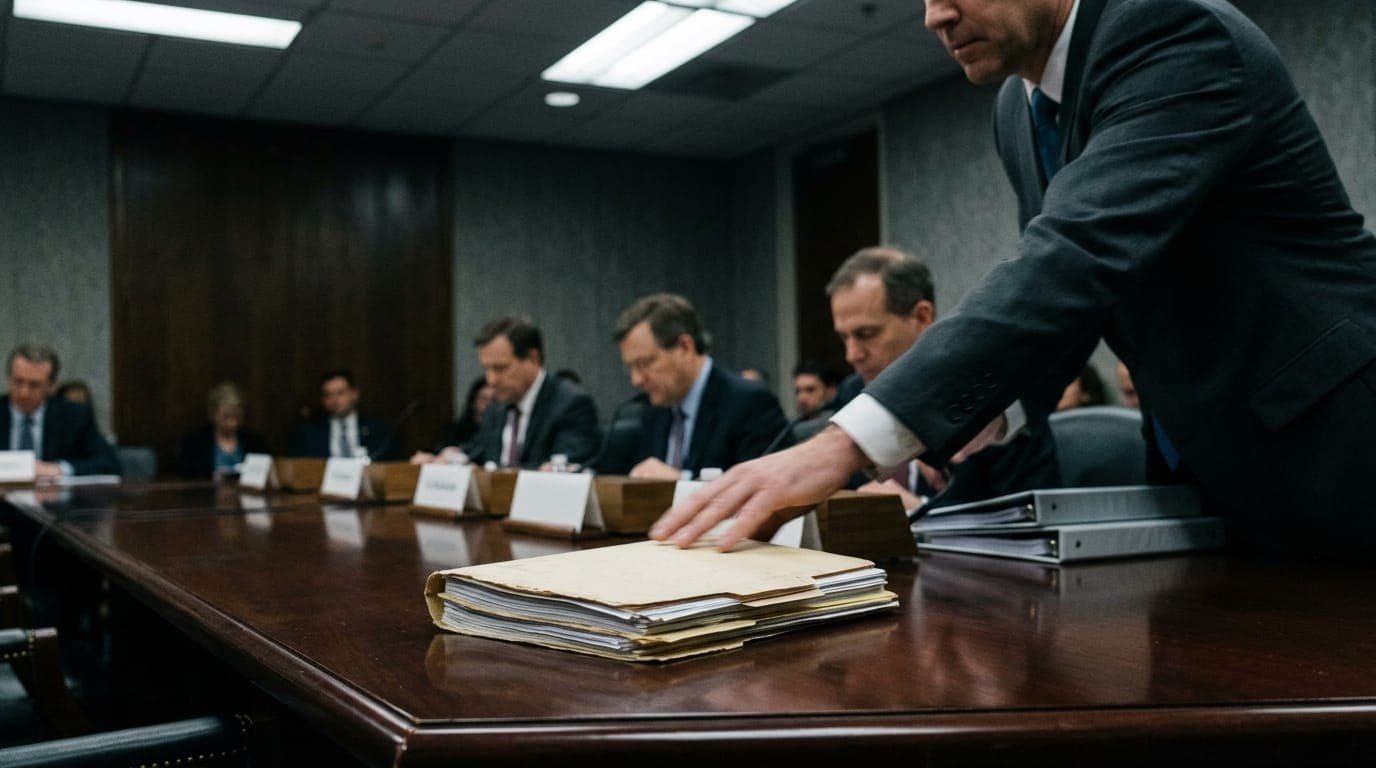 A suited lobbyist's hand, slightly blurred in motion, slides a thick manila folder across a polished mahogany conference table toward a row of unnamed government officials' nameplates, under