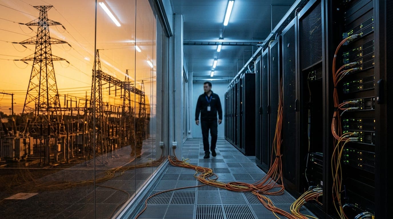 A vast server hall stretches into the distance under cold blue-white fluorescent light, rows of humming black rack cabinets flanked by thick orange power cables snaking across a raised metal