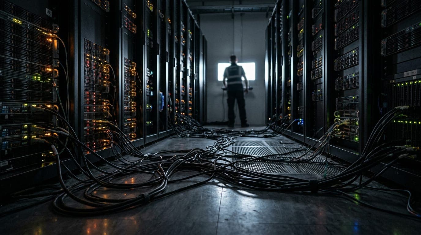 A tangle of thick black server cables snakes across a cold data center floor beneath rows of humming rack-mounted machines, their blinking amber and red indicator lights casting fractured