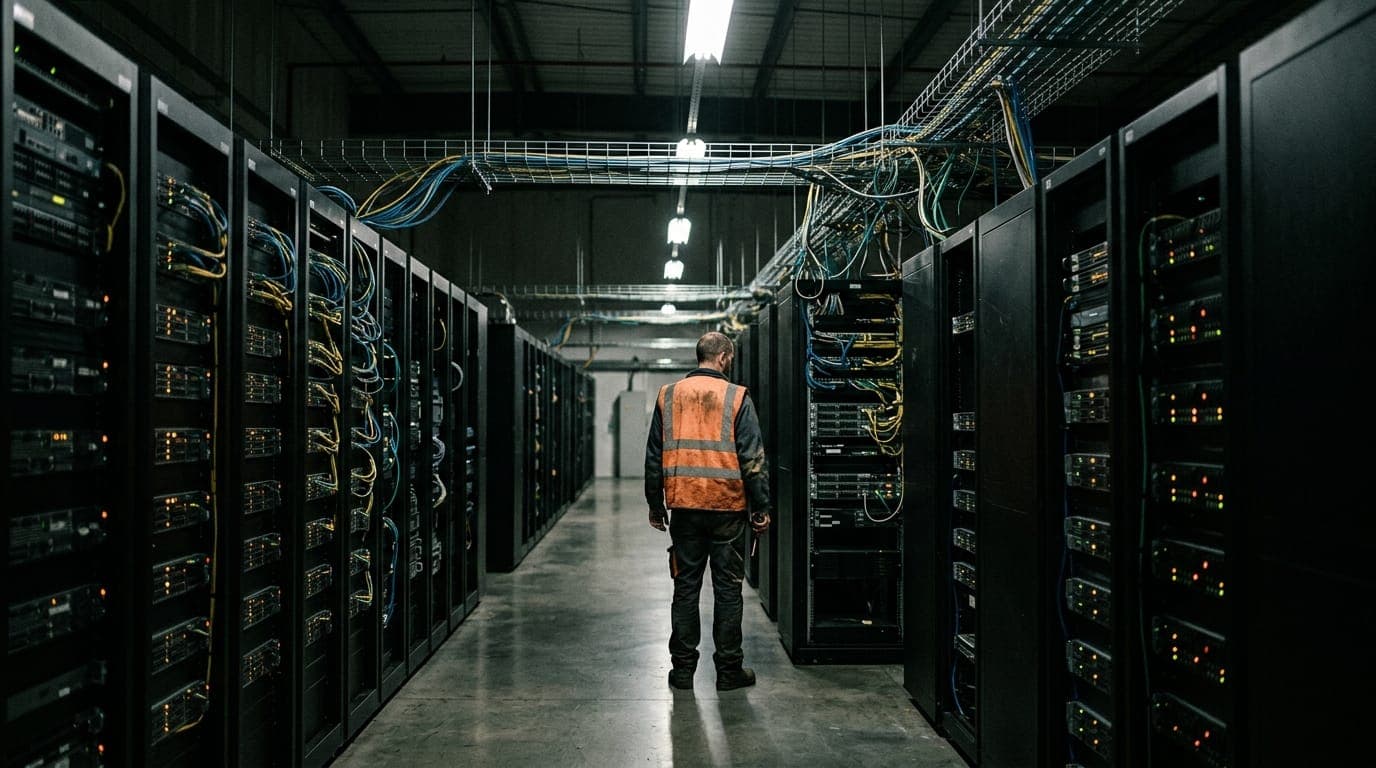 Rows of black server racks stretch into the fluorescent-lit distance of a cavernous data center, their blinking amber and green indicator lights reflected in the polished concrete floor