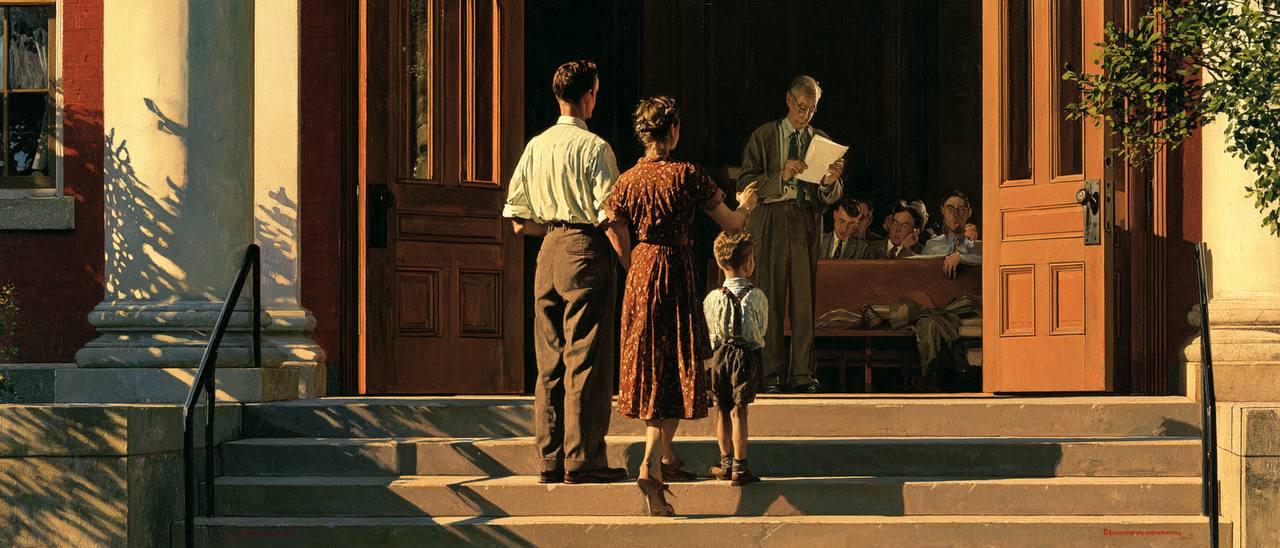 A 1950s American family stands on courthouse steps looking into a courtroom.