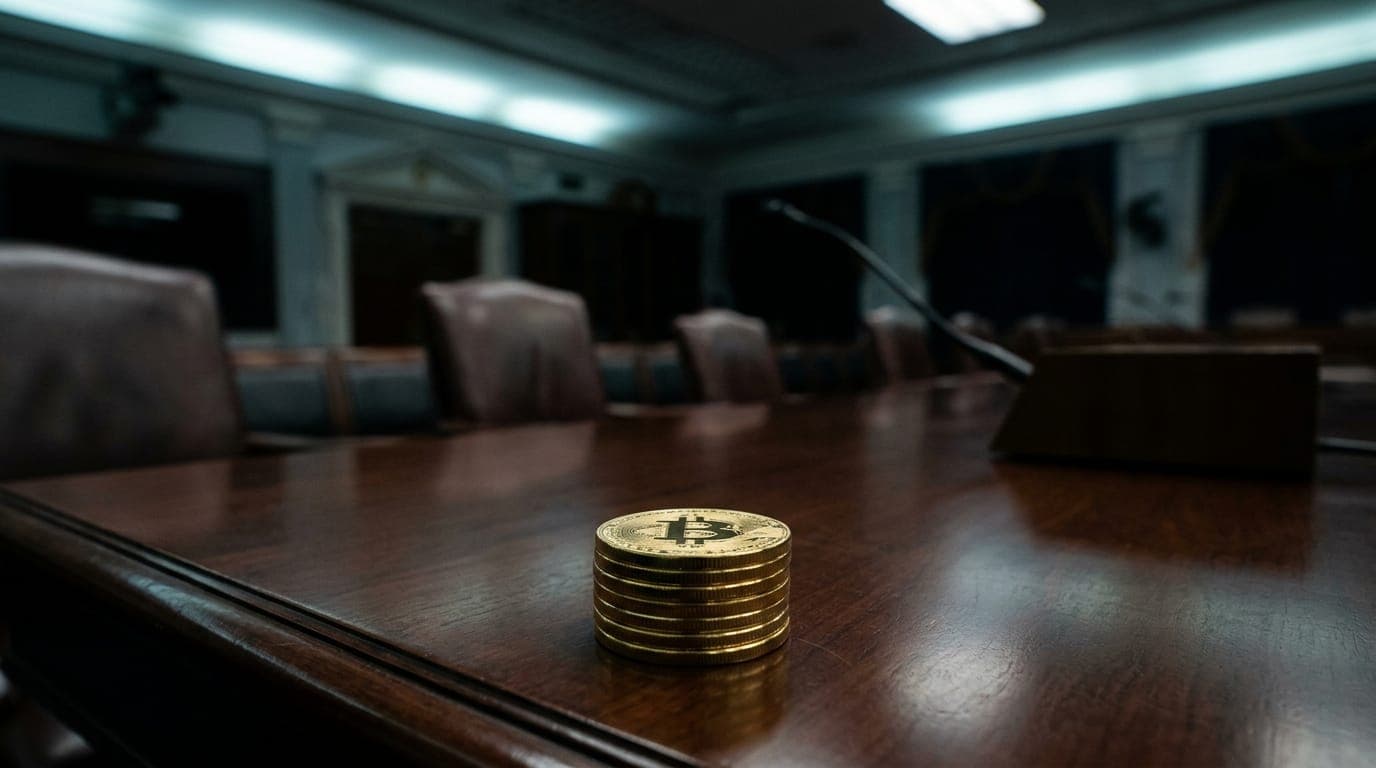 A stack of polished gold-toned bitcoin coins arranged on a dark mahogany committee table beneath the cool fluorescent wash of an empty congressional hearing room, leather chairs receding