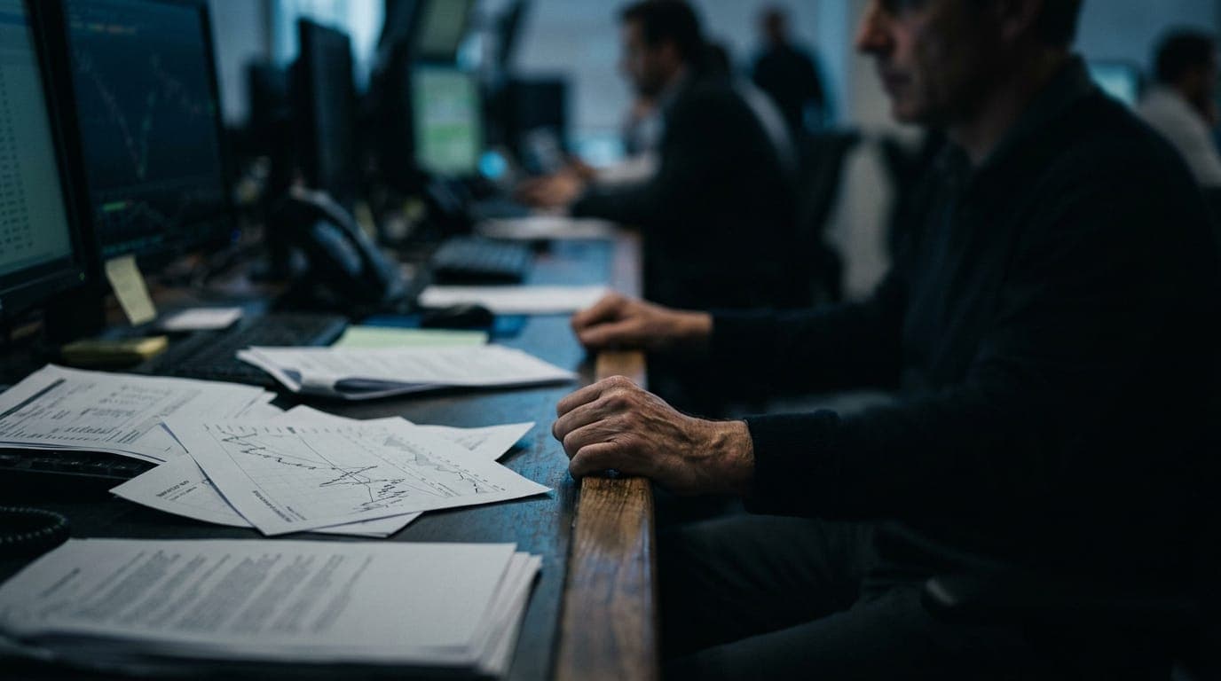 A trader's hands grip the edge of a long wooden desk strewn with printed bond yield charts and a scattered pile of paper documents, bathed in the cold blue glow of multiple financial