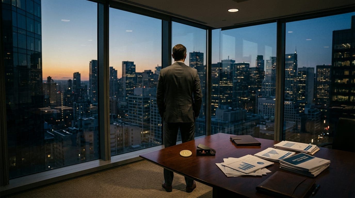 A suited portfolio manager stands with his back to camera before a floor-to-ceiling glass window in a high-rise office, staring out at a dense city skyline at dusk, a physical gold coin and