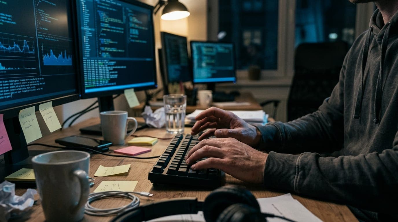 A developer's hands hover over a mechanical keyboard on a cluttered wooden desk, the blue glow of multiple terminal windows casting cool light across scattered sticky notes and empty coffee