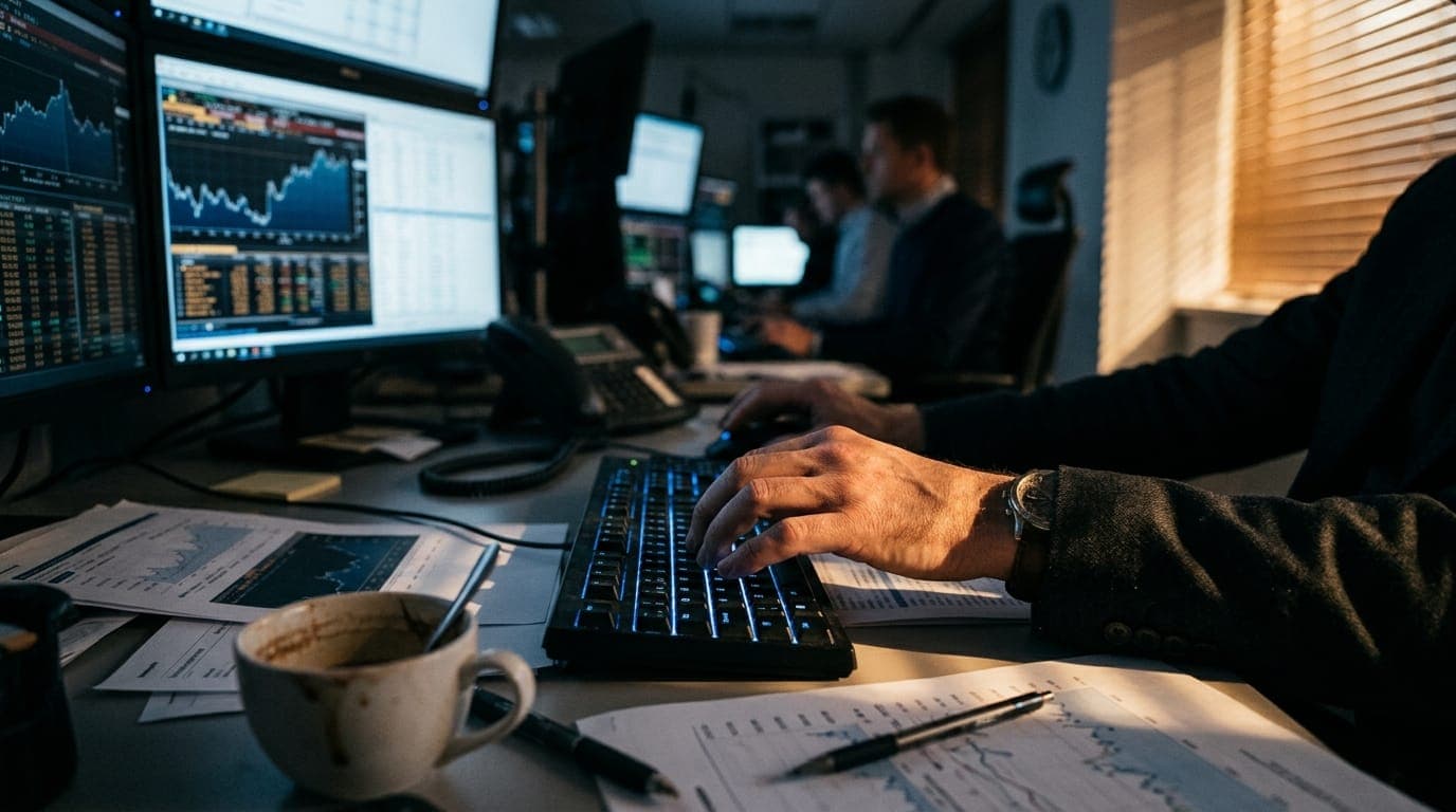 A trader's hands hover over a illuminated keyboard in a dimly lit dealing room, surrounded by multiple monitors casting cool blue light across scattered printed charts and a half-empty