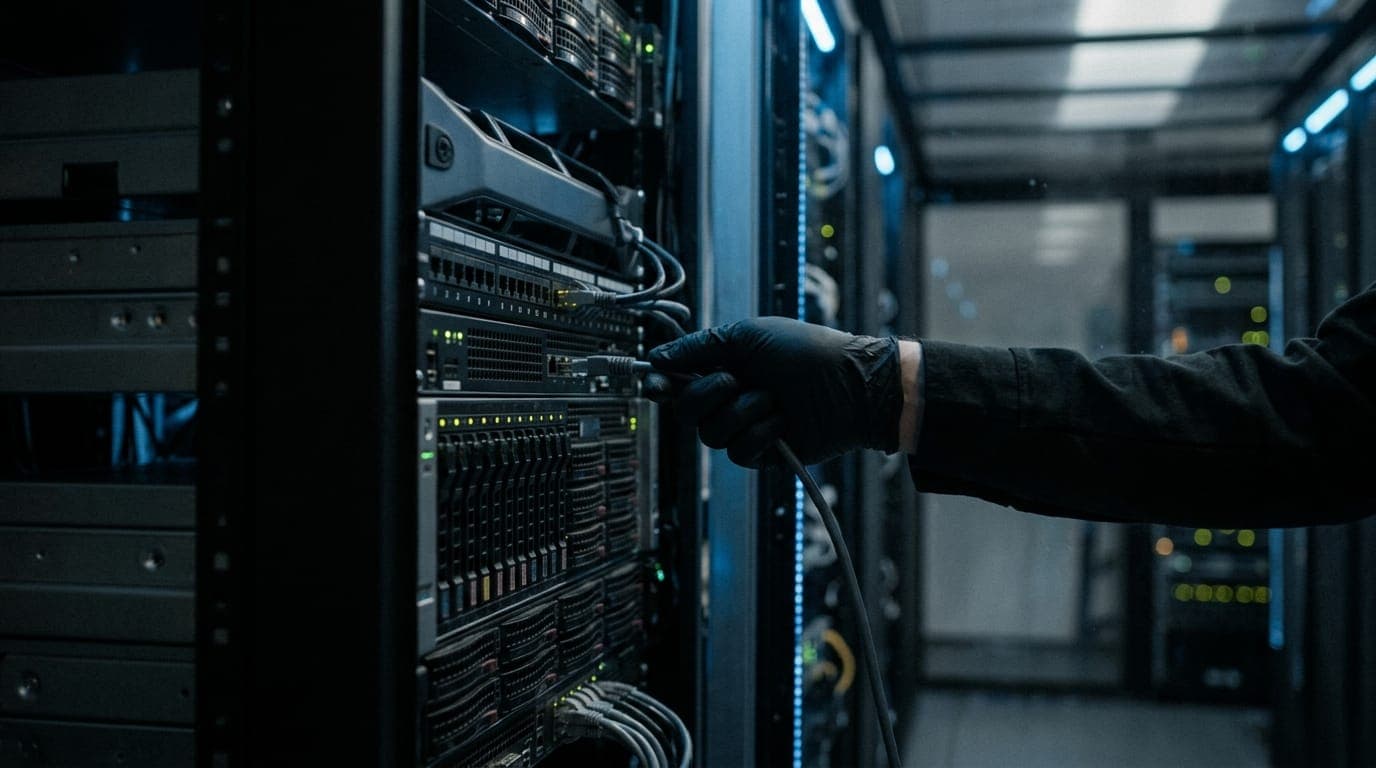 A gloved hand pulls an ethernet cable from the back of a humming server rack in a dimly lit data center, with cool blue LED strip lighting casting long shadows across rows of blinking