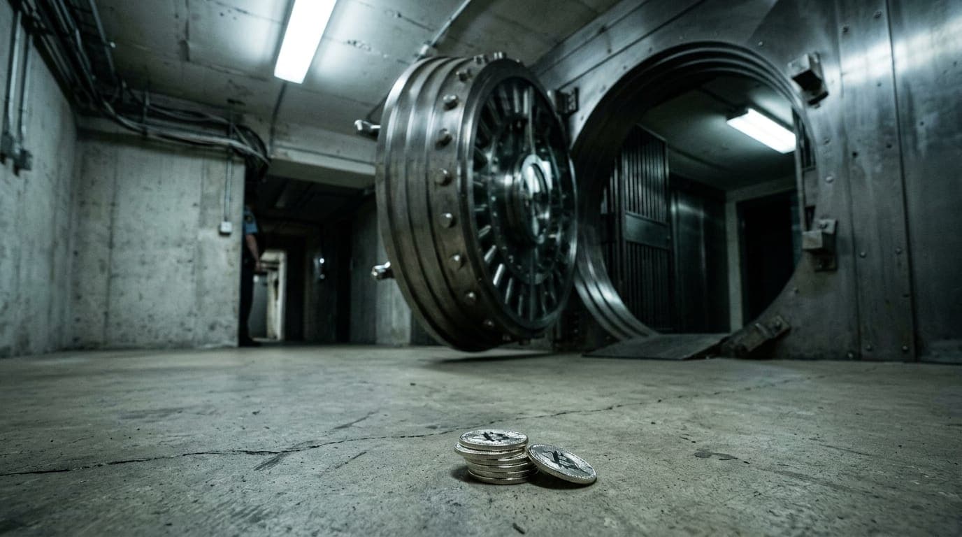 A bank vault door of polished steel stands ajar in a sparse, fluorescent-lit room, its heavy locking bolts gleaming, while a small stack of physical bitcoin medallions rests on the concrete