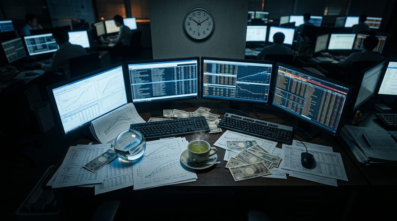 A Japanese government bond trader's desk viewed from above, cluttered with printed yield curve charts and scattered yen banknotes, bathed in the cold blue glow of multiple monitor screens