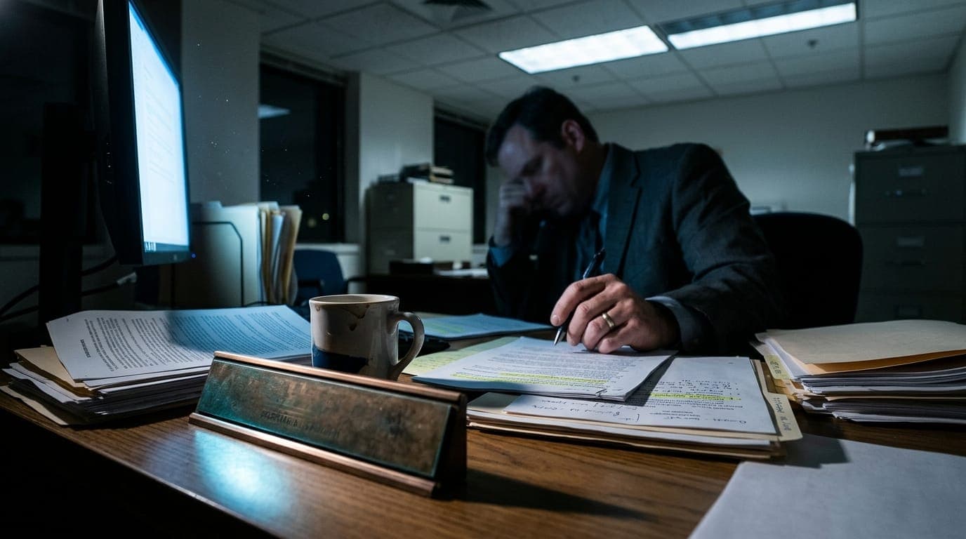 A government lawyer's desk strewn with printed regulatory documents and a highlighted legal brief, illuminated by the cold blue-white glow of a monitor casting sharp shadows across a bronze