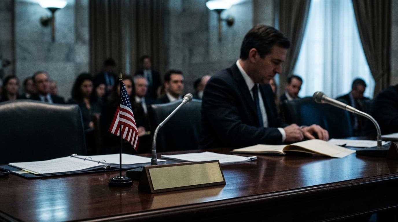 A polished mahogany conference table reflects the cool overhead lighting of a Senate hearing room, scattered with open binders, a brass nameplate, and a small American flag standing beside a