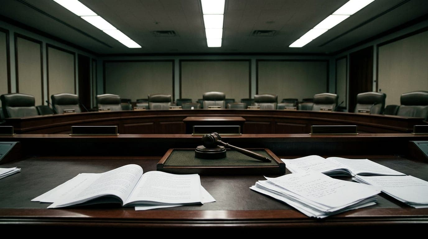 A government hearing room bathed in harsh fluorescent overhead light, with a polished mahogany dais stretching across the frame, empty leather chairs behind nameplates, a single gavel