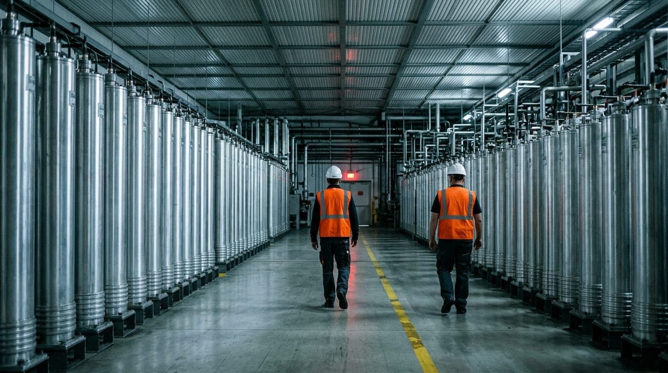 A vast industrial hall bathed in cold fluorescent light houses rows of gleaming silver centrifuge cylinders stretching toward a corrugated metal ceiling, with a lone technician in a white