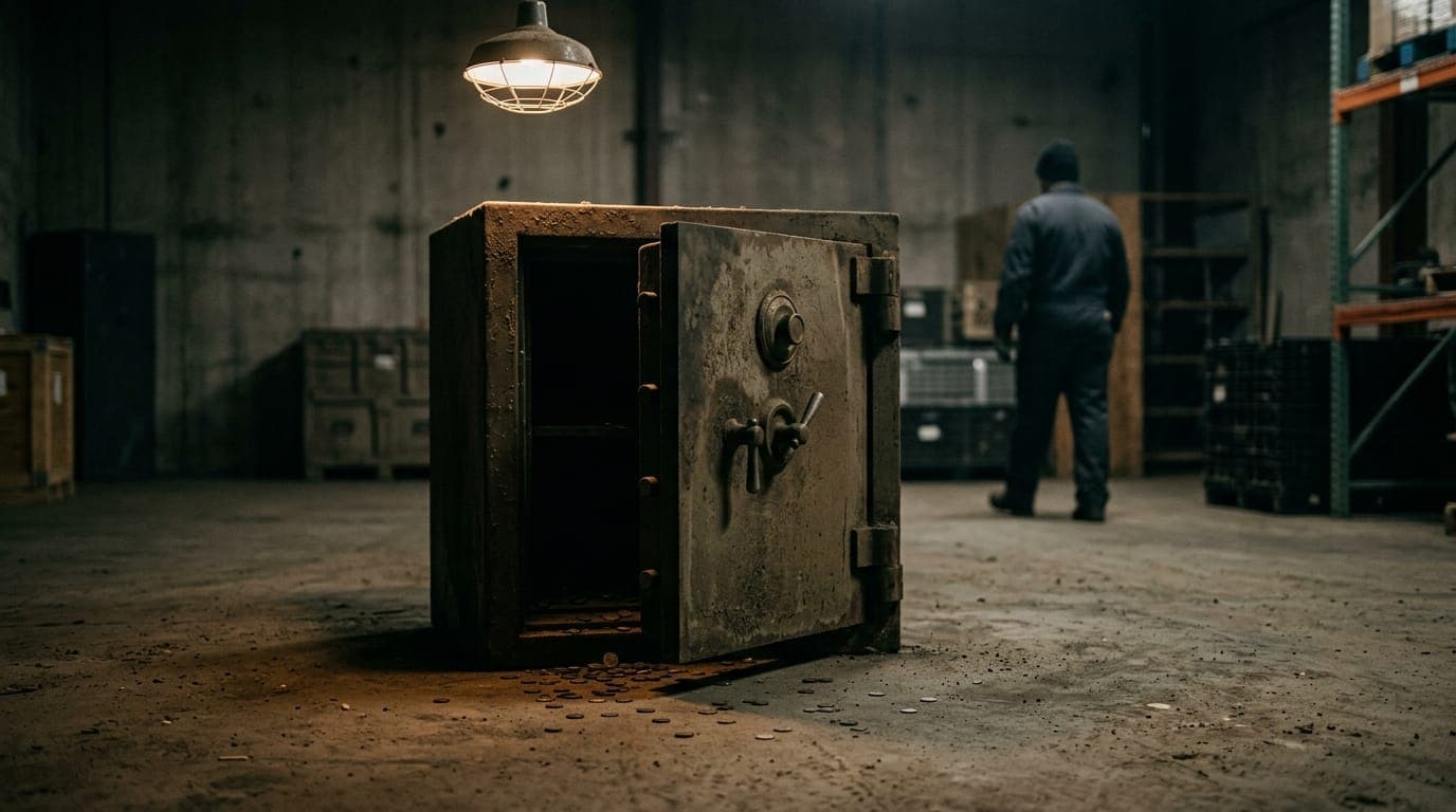 A dust-covered vintage safe door yawns open on a concrete warehouse floor under a single harsh overhead work light, its interior dark and empty, a few loose coins scattered across the cold