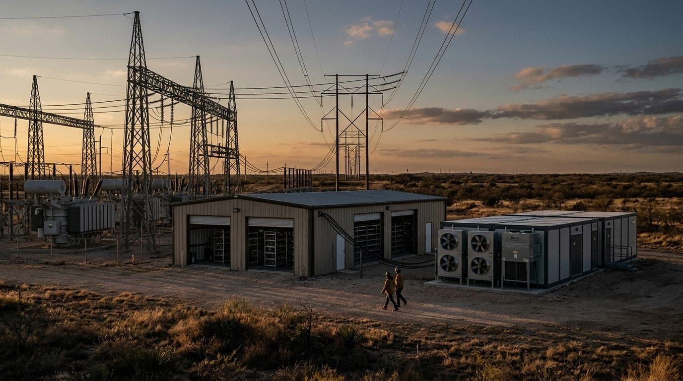 A vast Texas substation at golden hour, its steel lattice transmission towers and humming transformer banks casting long shadows across sun-bleached scrubland, while in the mid-ground two