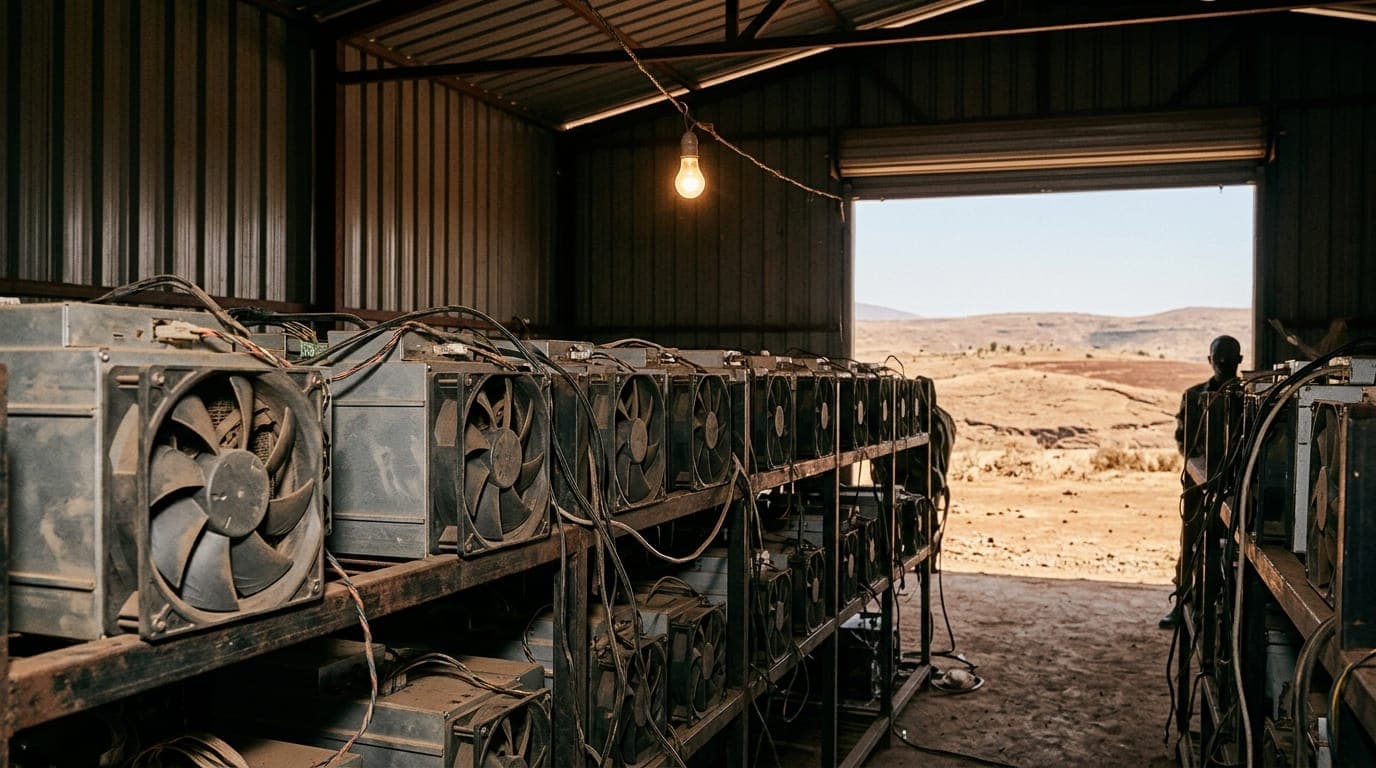 A row of industrial cooling fans on idle Bitcoin mining rigs sits dormant inside a corrugated metal warehouse, their blades still and dusty, while a single bare incandescent bulb casts dim
