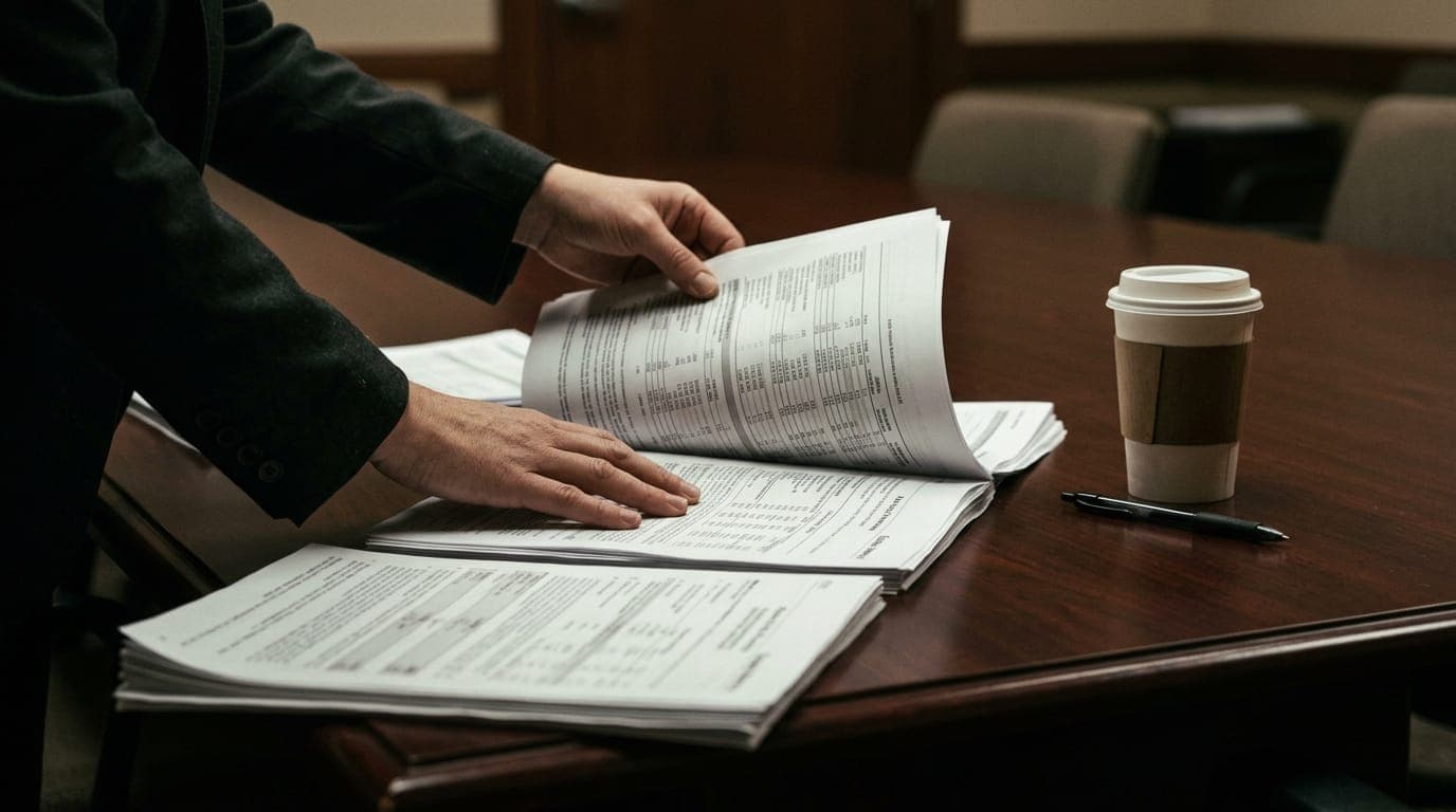 A Federal Reserve bank examiner's hands spread open a thick stack of printed compliance documents across a polished mahogany conference table, a half-empty paper coffee cup and a ballpoint