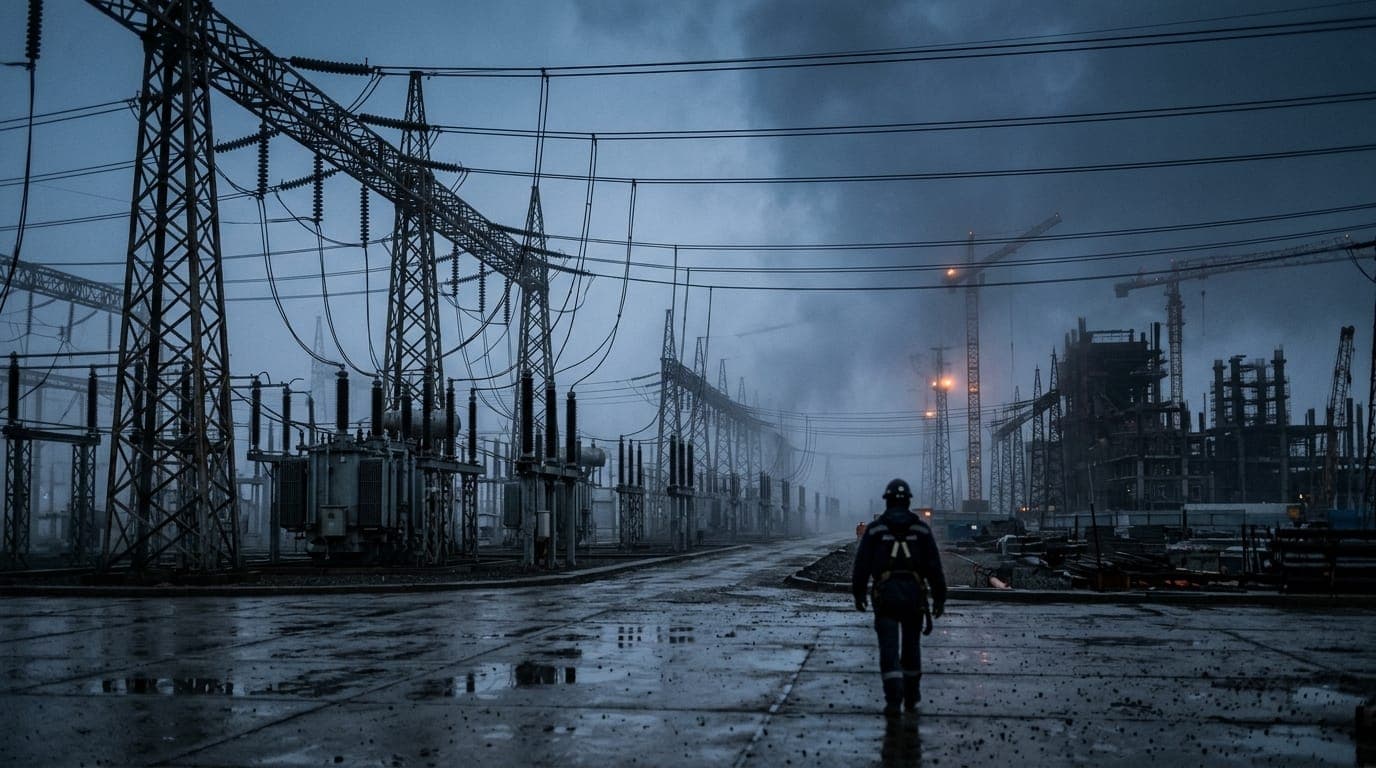 A vast, fog-shrouded electrical substation at blue-hour dawn, its steel lattice transmission towers and high-voltage transformers stretching toward a horizon dominated by the skeletal