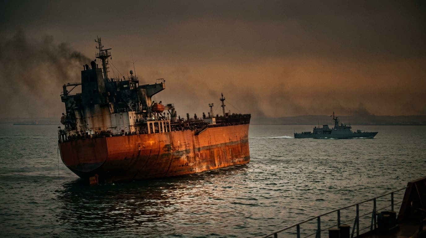 A smoke-blackened oil tanker lists slightly in the hazy amber light of the Strait of Hormuz, its rust-streaked hull reflecting broken orange light on the choppy grey-green water below, as a