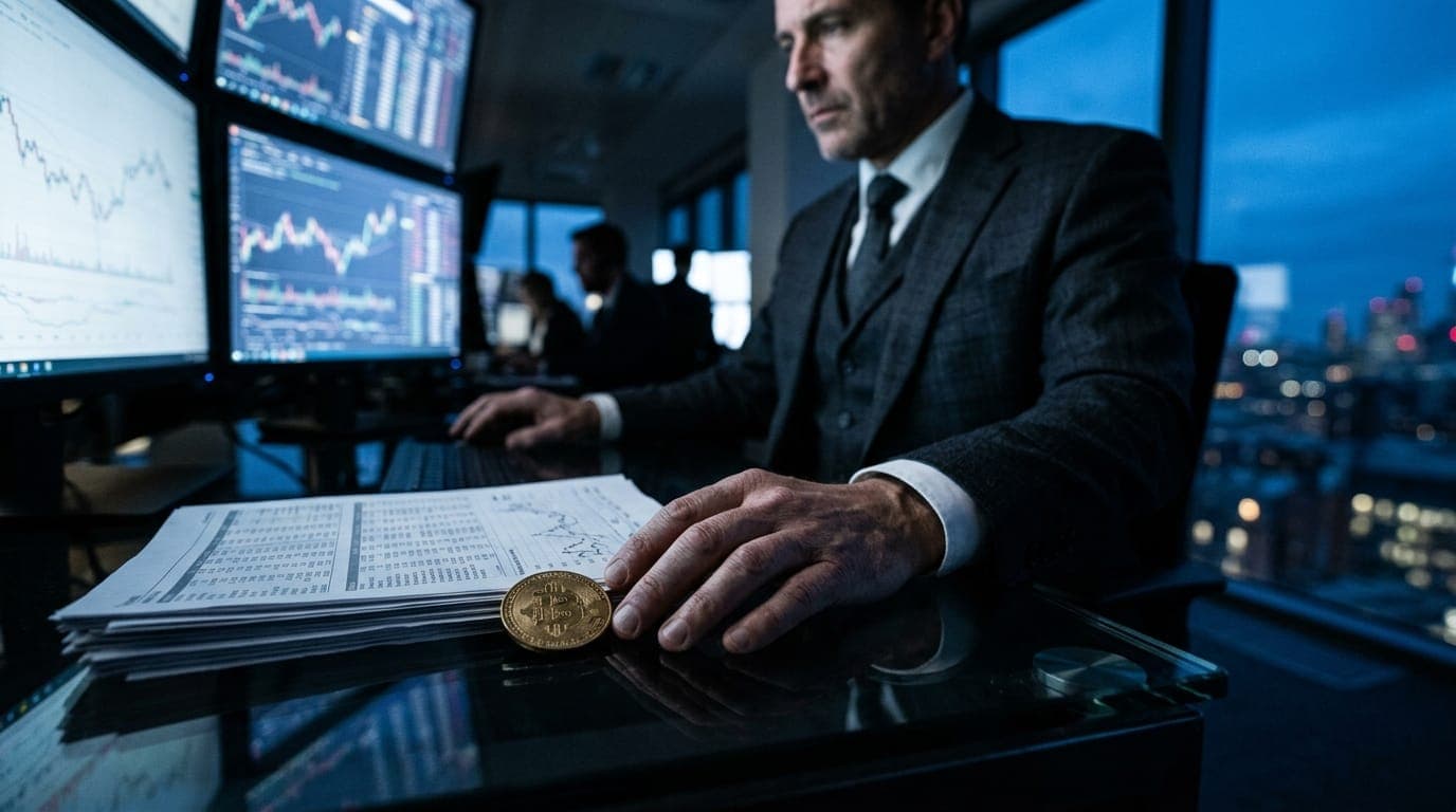 A suited trader's hands rest on a glass desk beside a physical gold-toned Bitcoin coin and a printed financial document, bathed in the cool blue glow of multiple trading monitors reflecting