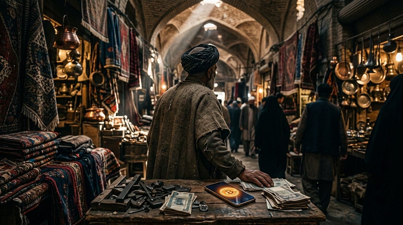 A weathered Iranian merchant stands with his back to the camera in a bustling bazaar, surrounded by bolts of fabric and copper goods, as shafts of late-afternoon light cut through the arched