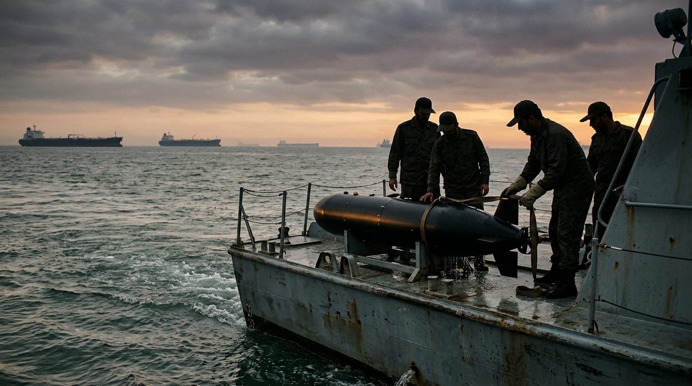 A weathered Iranian naval patrol vessel cuts through the grey-green chop of the Strait of Hormuz at dawn, its deck crew in dark fatigues gathered around a sleek, torpedo-shaped unmanned