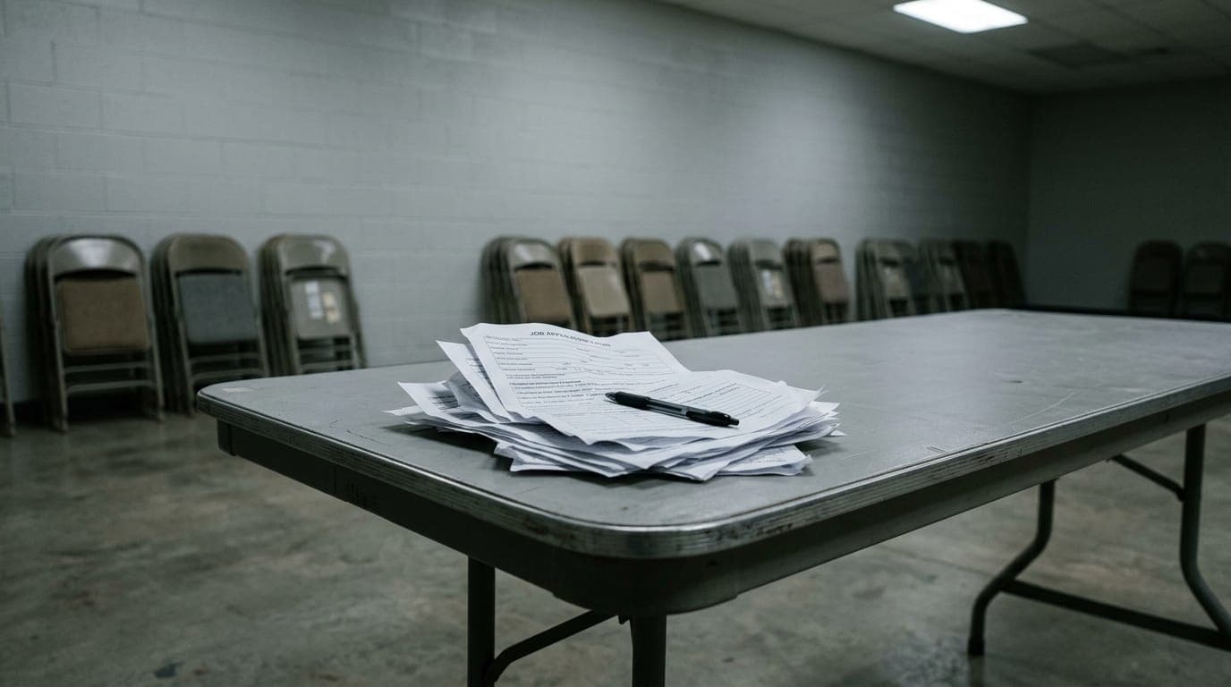 A crumpled stack of paper job application forms sits on an empty metal folding table inside a fluorescent-lit community center, a single pen resting diagonally across the top sheet, chairs