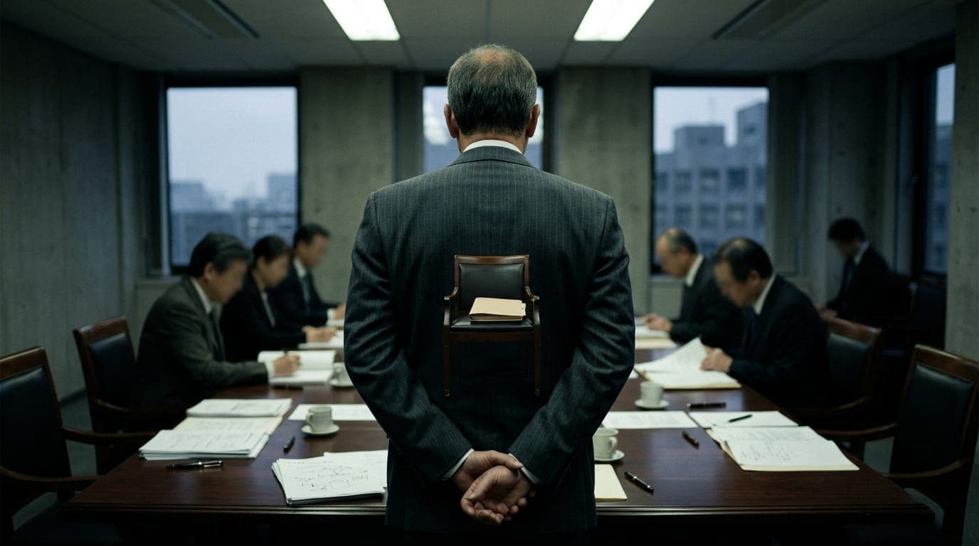 A stern-suited figure seen from behind stands at the head of a long polished conference table strewn with thick paper documents and uncapped fountain pens, bathed in the cold fluorescent