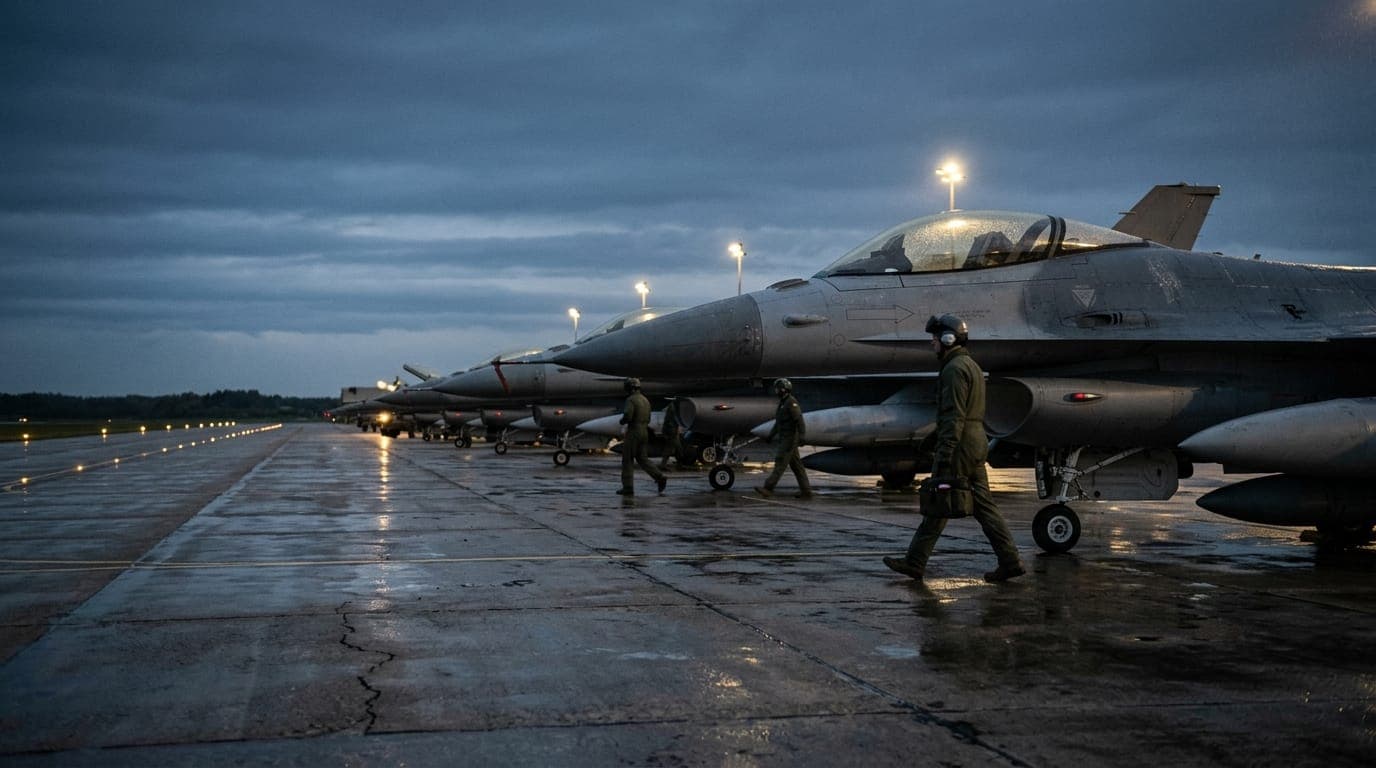 A row of NATO fighter jets sits on a rain-slicked tarmac at dusk, their gray fuselages reflecting amber runway lights, while ground crew in olive flight suits move beneath the wings against