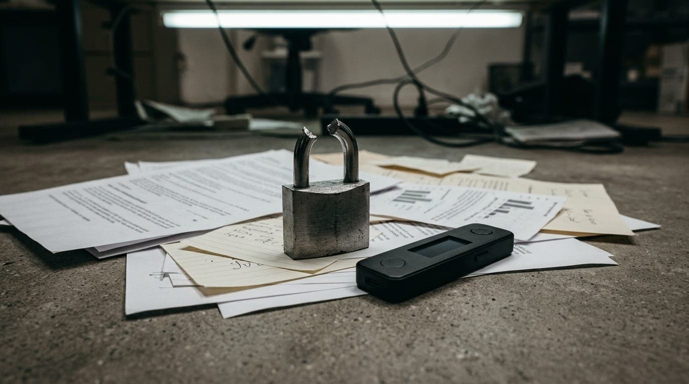 A weathered steel padlock, its shackle snapped open, rests on a pile of scattered paper documents under harsh fluorescent office light, beside a single cold hardware wallet on a bare