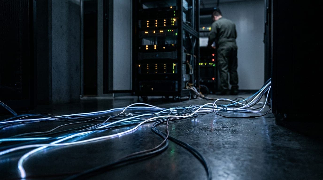 A tangle of illuminated fiber-optic cables snakes across a dark server room floor, their blue and white light reflecting off the polished concrete, while a single rack of blinking servers