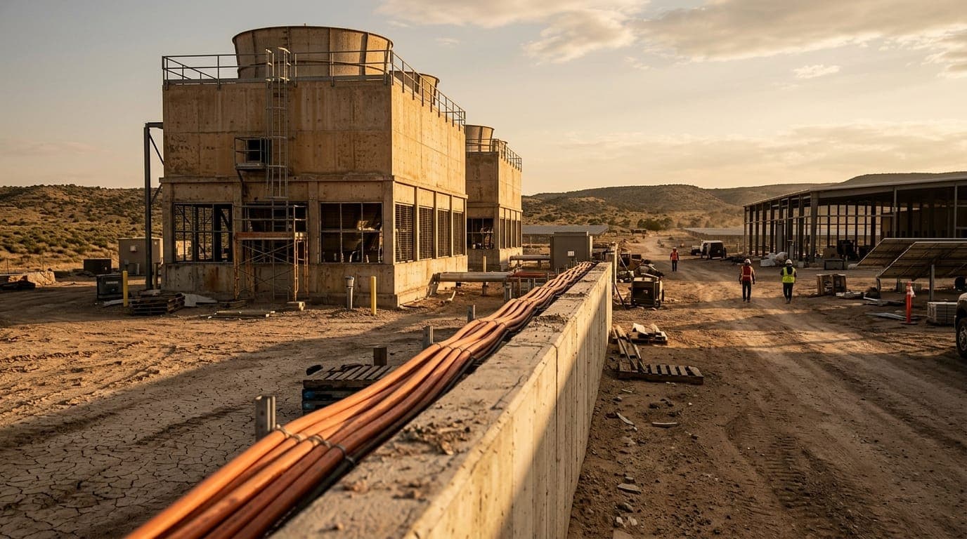 A vast sun-bleached data center cooling tower stands idle in the New Mexico high desert at golden hour, its industrial steel grating casting long shadows across cracked caliche earth, with a