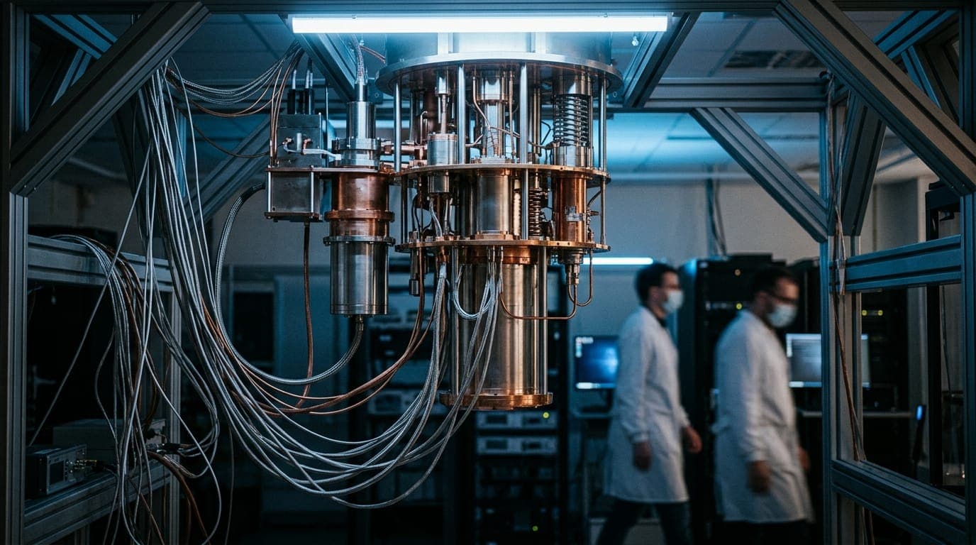A cluster of quantum computing hardware modules — cylindrical cryogenic chambers trailing silver wiring and copper tubing — hangs suspended inside a dimly lit laboratory, bathed in cold blue