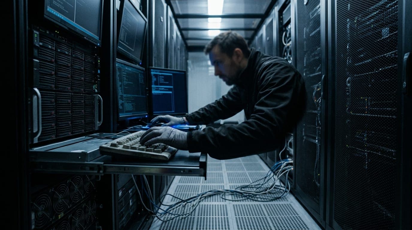 A researcher's hands hover over a mechanical keyboard in a dim server room, the blue glow of multiple terminal screens reflecting off rows of humming black rack-mounted hardware behind them