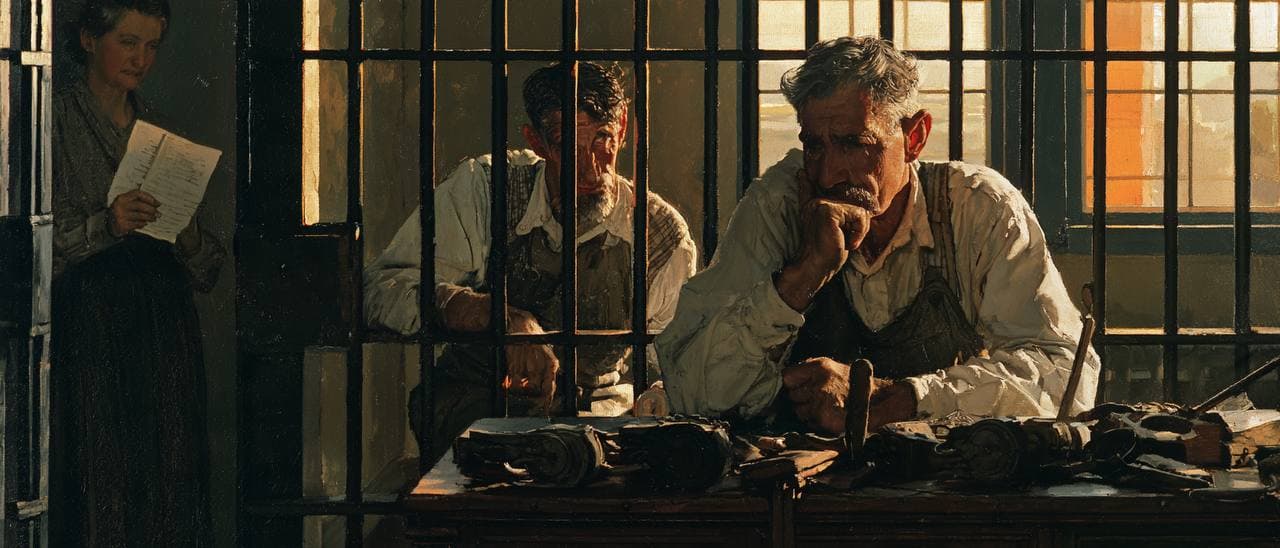 Oil-painting illustration of two weary craftsmen behind prison bars, with tools on a workbench and a woman holding papers nearby.