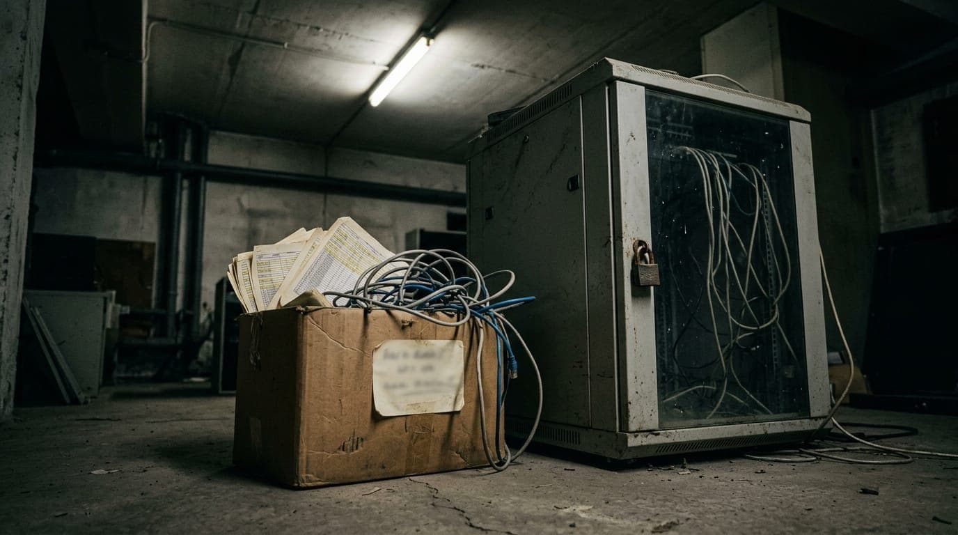 A weathered cardboard box stuffed with printed spreadsheets and tangled ethernet cables sits abandoned on a concrete floor beneath a single flickering fluorescent tube, casting harsh shadows