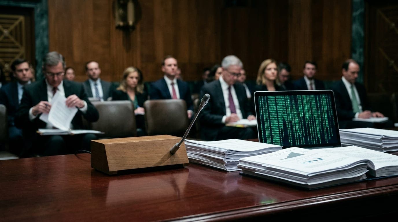 A government hearing room bathed in cold fluorescent light shows a microphone and name placard on a polished mahogany table in the foreground, while stacks of thick paper documents sit